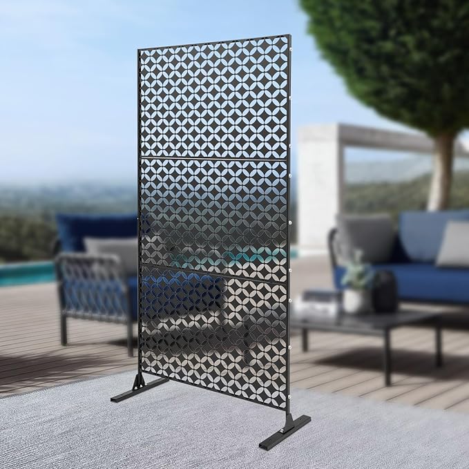 Outdoor Metal Privacy Screen with Stand, 35.4" W x 75" H Freestanding Metal Slatted Decorative Privacy Screen and Panels for Patio Garden Balcony Porch (Black Star)