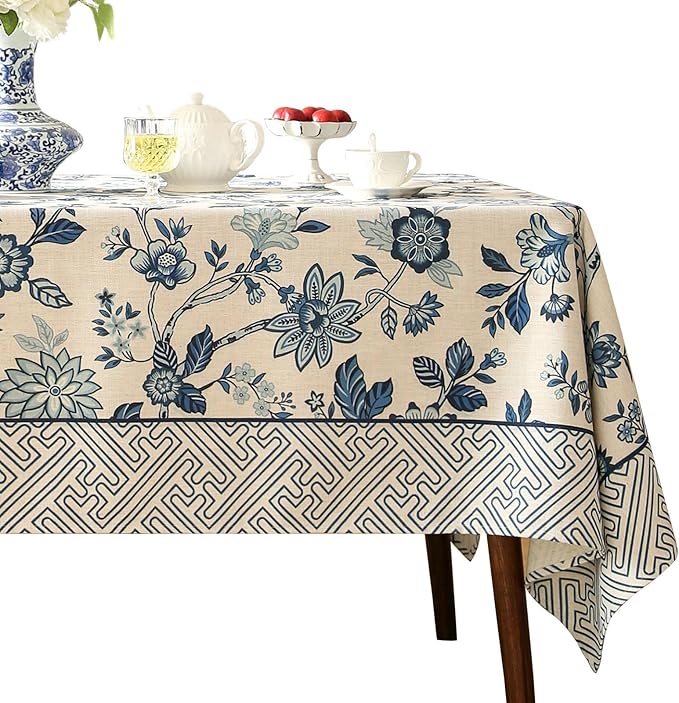 Vintage Blue and White Extra Long Rectangle Tablecloth,French Linen Floral Wrinkle Free Tablecloths,Decor Table Cover for Kitchen,Dining,Party,Thanksgiving,Christmas,67"*118"-Suqing