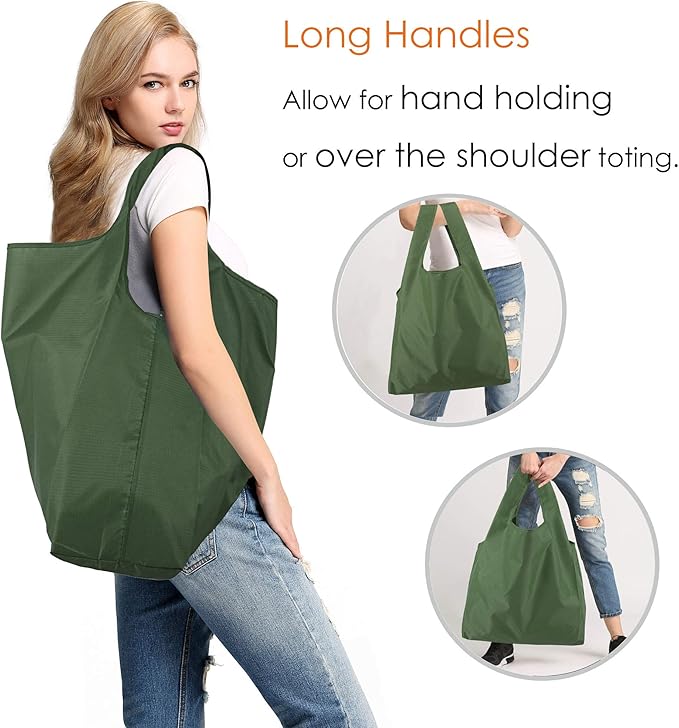 BeeGreen Green Reusable Grocery Bags Wholesale Green Reusable Kitchen Bags Bulk Foldable-Machine Washable with Zipper Storage Pouch 10 Packs