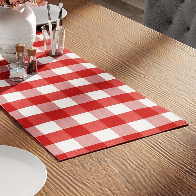 Encasa XO Cotton Dining Table Runner | Buffalo Red Checks | Size 13x36 in - Machine Washable & Durable