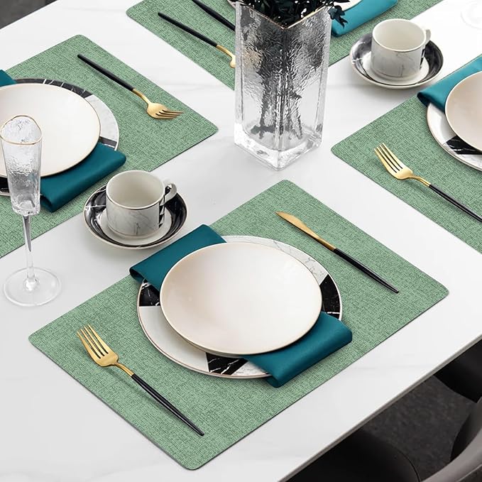 Faux Leather Heat Resistant Christmas Placemats Set of 6 – Waterproof Oilproof Wipeable Dining PU Vinyl Place Mat Easy Clean Table Mats for Kitchen/Dining/Party/Holiday, Dark Green