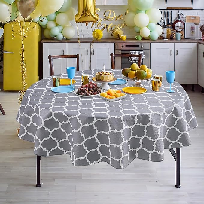 Nasitos 2 Pack 60 Inch Round Plastic Vinyl Tablecloth with Flannel Backed for 4Ft Round Table Moroccan Grey