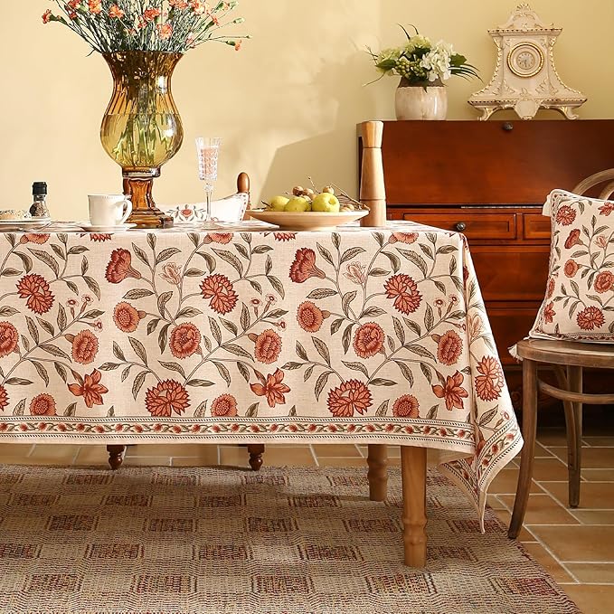 ISAENNE Designer French Rectangular Tablecloth,Linen Orange Floral Pattern Indoor Table Cloth,Wrinkle Resistant Decor Table Cloth for Dining Thanksgiving Kitchen Party,55"*87"-Alvarado D
