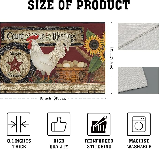 Giwawa Vintage Rooster Placemats Set of 4 Farmhouse Chicken Linen Table Mat Rustic Country Style Farm Animal Print Heat Resistant Non-Slip Washable Place Mats for Dining Kitchen Party Decor