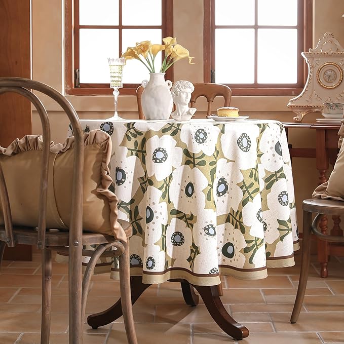 Designer Vintage Small Round Tablecloth,Linen French Tablecloth with White Floral Pattern,Decor Table Cover for Kitchen,Dining,Thanksgiving,Tea Party,Diameter 55"-Hidaka