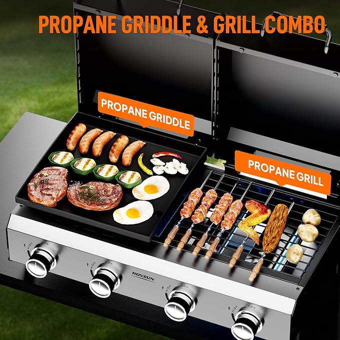Bonnlo 4 Burners Gas Flat Top Grill and Griddle Combo with Lid, Powerful 40,000 BTU Grills with Integrated Ignition & Heat-resistant coating, Camping Grill with Simple Control Knob for Outdoor BBQ Use