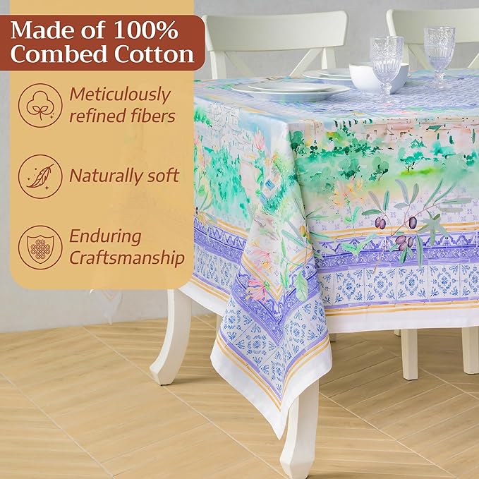 Maison d' Hermine Premium Table Cloth Rectangle Table 100% Combed Cotton 140 x 70 Inches Tablecloth Reusable Decorative for Dining Room, Farmhouse, Home, Party, Festive & Wedding - Luberon