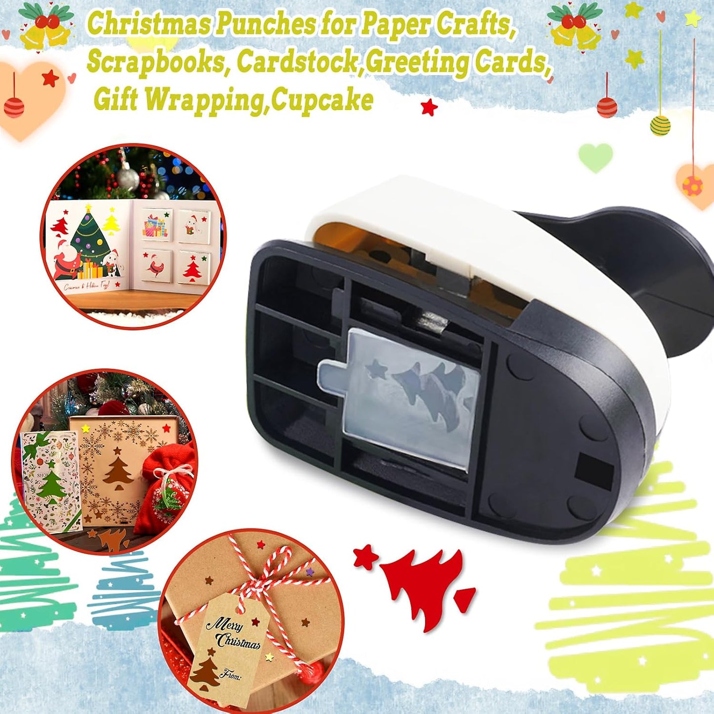 Christmas Punch, 1 inch Paper Punch for Christmas, Shape Hole Punches, Christmas Tree Punches for Paper Crafting, Pine Tree Puncher Lever Action Crafts Punch, Xmas Hole Punch for Scrapbooking DIY Arts