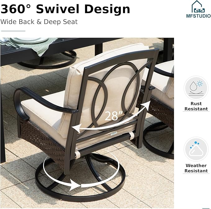 MFSTUDIO Patio Dining Sets with Swivel Chairs, Round Patio Table and Chairs, 5 Pieces Outdoor Furniture Set for 4, All Weather 42’’ Dining Metal Table for 4 & Brown Wicker Chair