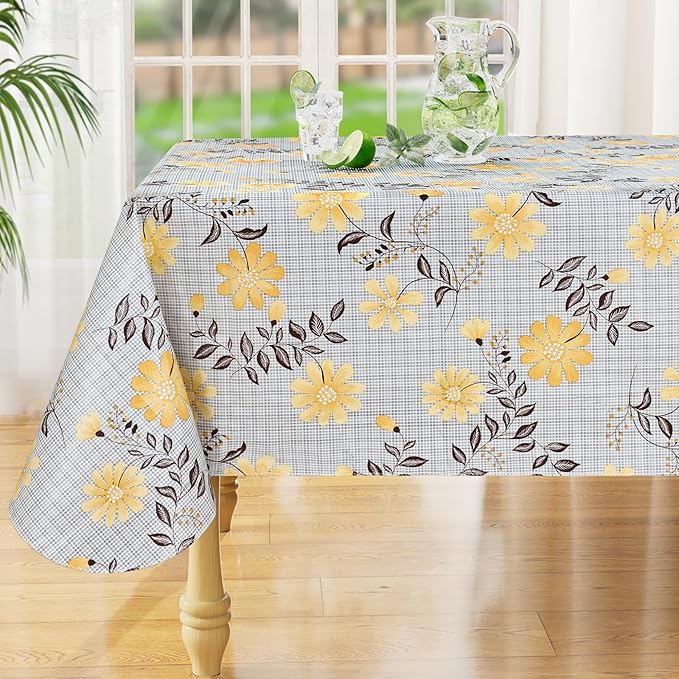 misaya Rectangle Waterproof Vinyl Table Cloth, Wipeable Tablecloth with Flannel Backing, Plastic Table Cover for Dinner, Picnic, Indoor and Outdoor (Yellow Flowers, 60" x 102")