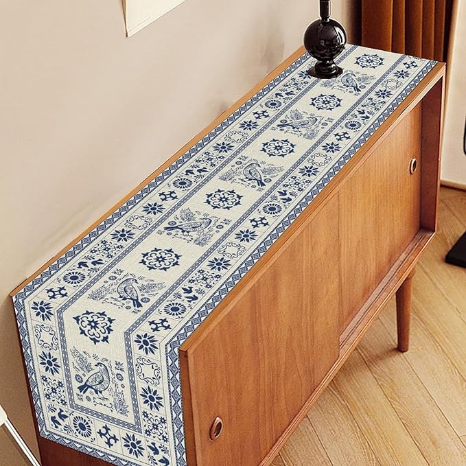 Mexican Table Runner, Blue Floral Birds Mexico Talavera Tiles Ceramic Dia De Los Muertos Coffee Table Center Decor for Family Kitchen and Dining Farmhouse Indoor Outdoor Table Decorations, 13"x72"