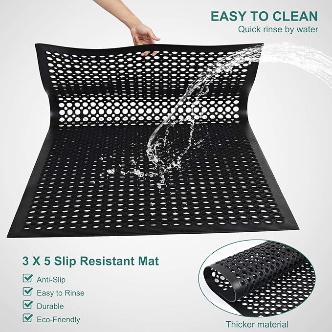 Anti Fatigue Rubber Mats Outdoor Restaurant Kitchen Rubber Drainage Floor Mat Durable No Slip Commercial Bar Floor Mats Used for Garage Black 36" x 60"