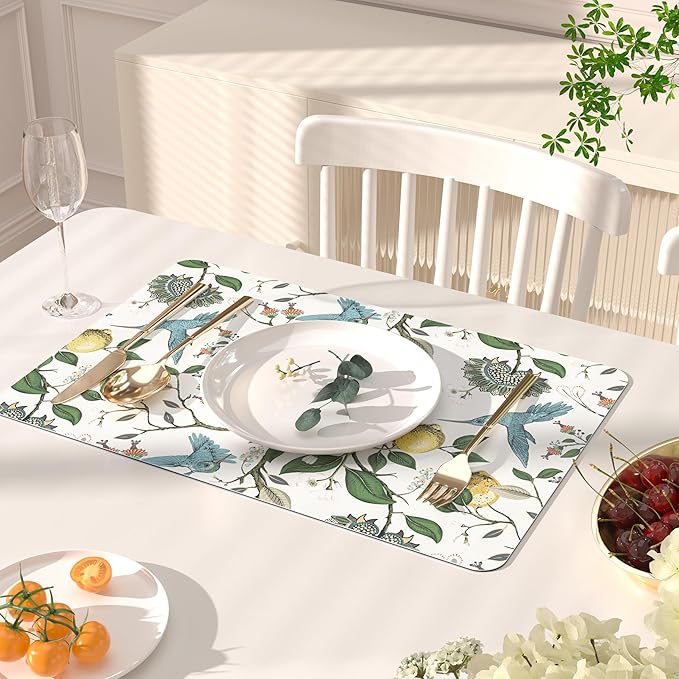 QIYI Placemats Set of 6, 12x18 Inch Faux Leather Place Mats for Kitchen Dinning, Heat Resistant Anti Slip Birds Table Mats, Waterproof Wipeable Washable Placemat Party Table Décor, Vintage Lemon Trees