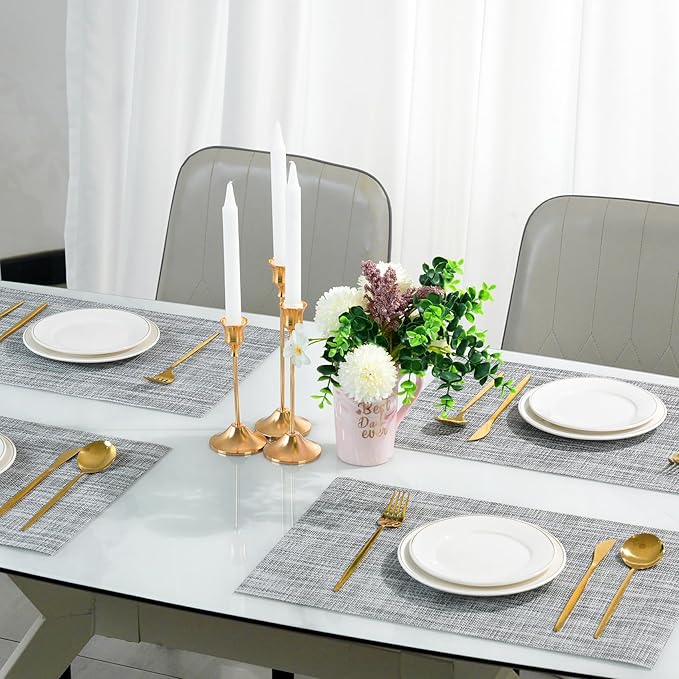 Placemats Set of 8，Non-Slip PVC Weave Table Mats Easy to Clean，Heat Resistant Place Mats for Kitchen Dining Table Decoration Indoor Outdoor，Gray