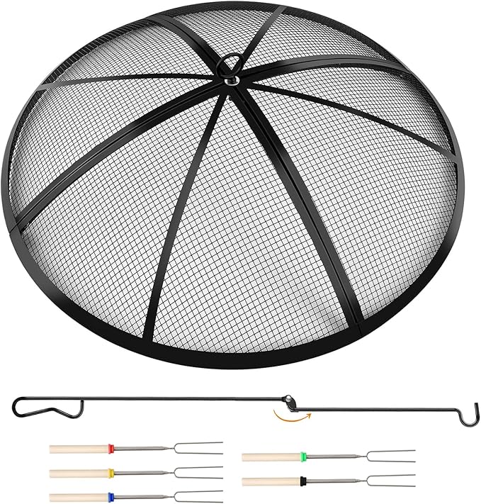Fire Pit Spark Screen, Outdoor 36 Inch Round Fire Pit Screen with Foldable Hook and Marshmallow Sticks, Heavy Duty Steel Mesh Fire Pit Cover for Backyard, Beach, RV Camping