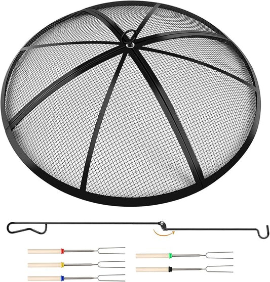 Fire Pit Spark Screen, Outdoor 40 Inch Round Fire Pit Screen with Foldable Hook and Marshmallow Sticks, Heavy Duty Steel Mesh Fire Pit Cover for Backyard, Beach, RV Camping