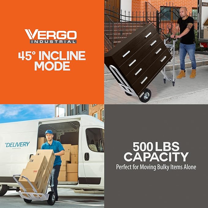 Vergo Industrial Convertible Hand Truck - AS7A2 Heavy Duty Aluminum 3 in 1 Dolly (750 lb Capacity) Lightweight Frame, Ergonomic Handle, Extendable Loop, Versatile Moving Dolly (3 Positions, 53" High)