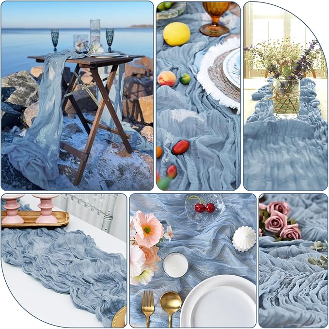 20 Packs Cheesecloth Table Runner 10FT Long Boho Gauze Fabric Table Runner Vintage Rustic Sheer Runners for Wedding Party Bridal Baby Shower Table Decorations (Dusty Blue )