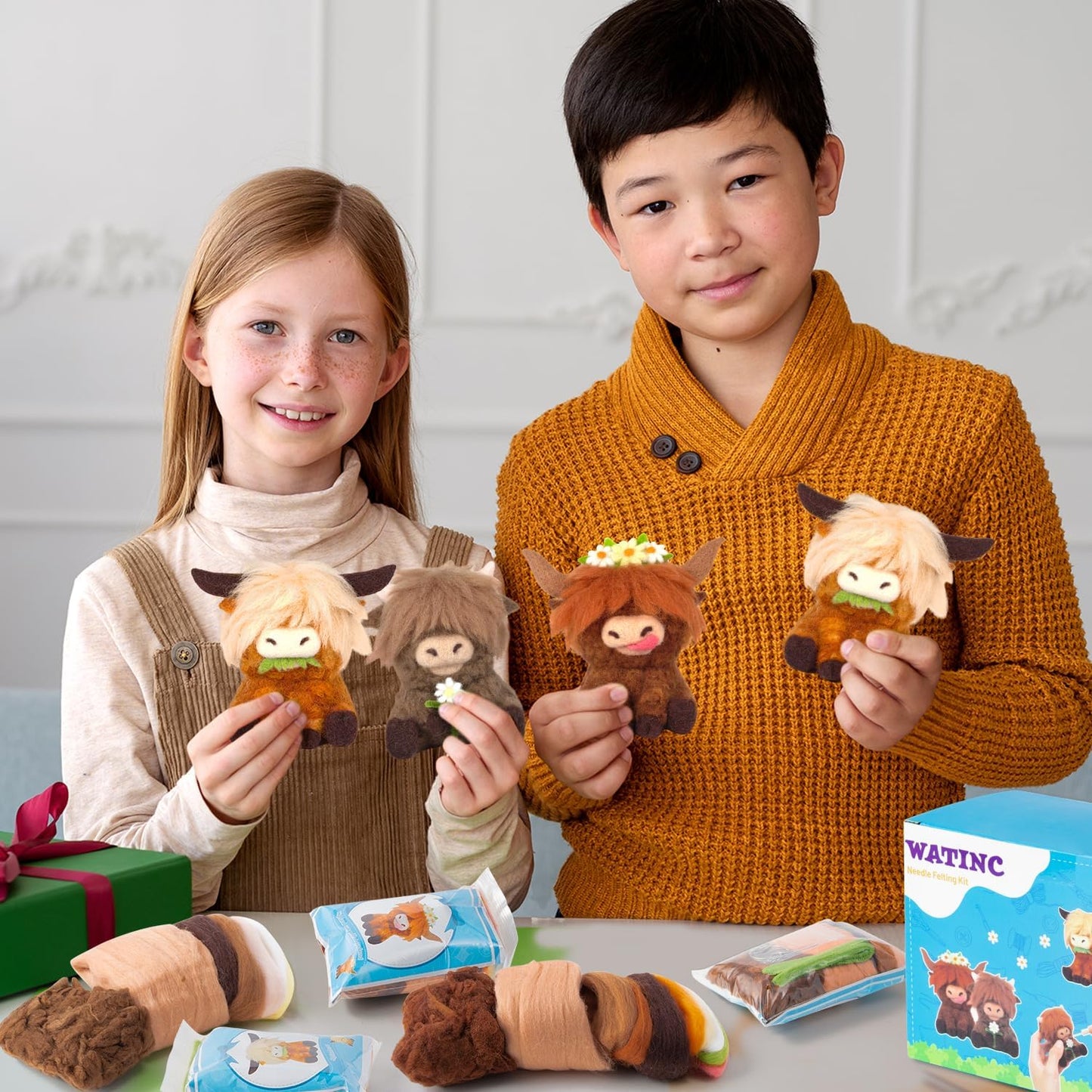 WATINC Needle Felting Kit - 3 Set Unique Different Cute Doll Wool Felt Needle Tools Foam Pad Instruction, DIY Home Decoration Craft Party Supplies for Art Work Starter Beginners (Highland Cow)