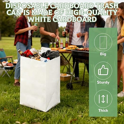 8 Pack 30 Gallon Disposable Trash Cans for Parties, Large Portable Self-Standing Garbage Bins, Foldable Garbage Recycling Boxes, Cardboard Trash Cans for Events and Weddings Outdoor Indoor