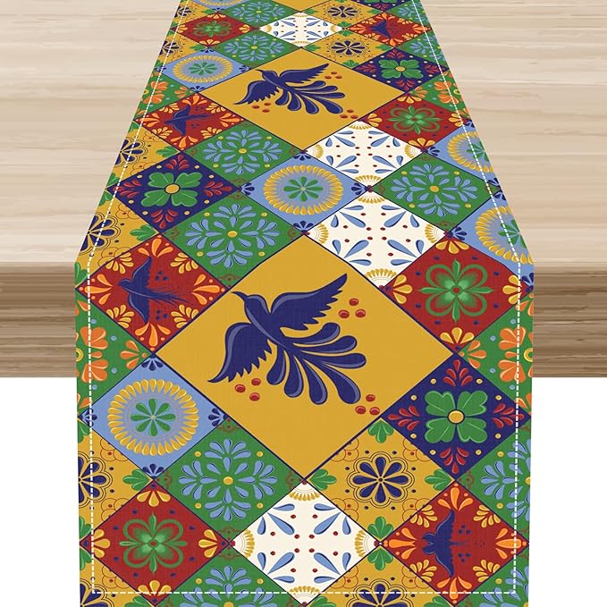 Mexican Table Runner, Orange Floral Birds Mexico Talavera Ceramic Dia De Los Muertos Coffee Table Center Decor for Family Home Kitchen and Dining Farmhouse Indoor Outdoor Table Decorations, 13" X 36"
