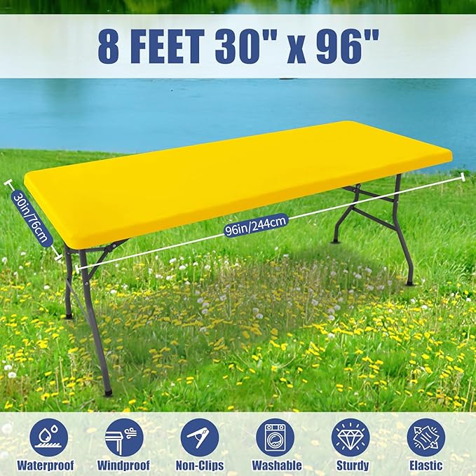 Spandex 8 Foot Rectangle Table Cloth 6 Pack, Elastic Fitted Tablecloths for Picnic, Stretch Washable Patio Table Cover for Outdoor, Camping, Banquet and Parties (Yellow, 30"x96")