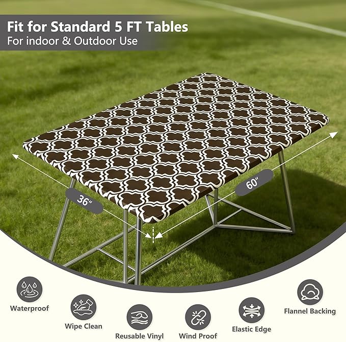 Rectangle Picnic Table Cloth, Elastic Waterproof Fitted Vinyl Tablecloths for 5 Foot Tables, Wipeable Flannel Backed Table Covers for Dining, Camping, Outdoor(Black,36"x60")