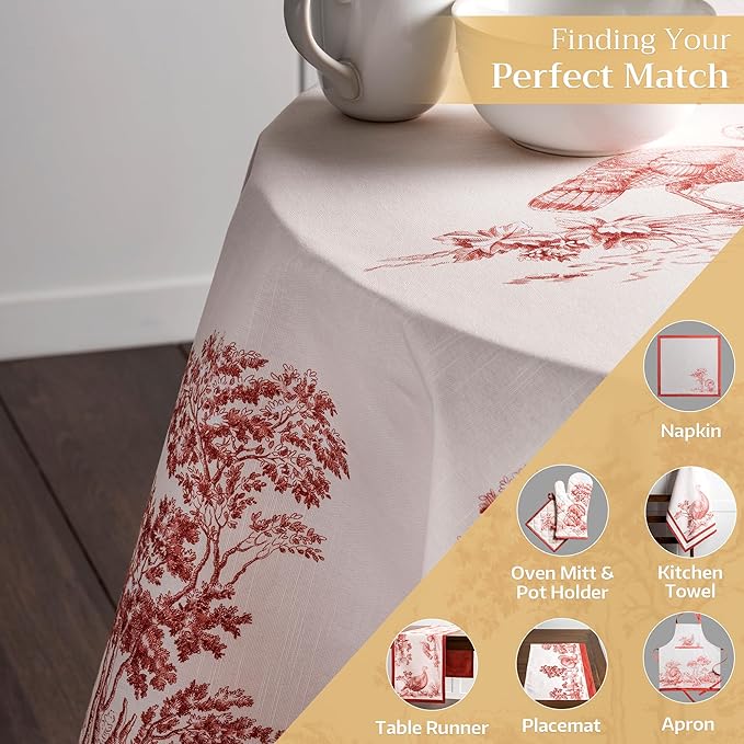 Maison d' Hermine Table Cloth Round Table 100% Cotton 63 Inches Fall Tablecloth Reusable Everyday Use for Thanksgiving Christmas Decorations Dining Farmhouse Party (Holy Jouy - Red)