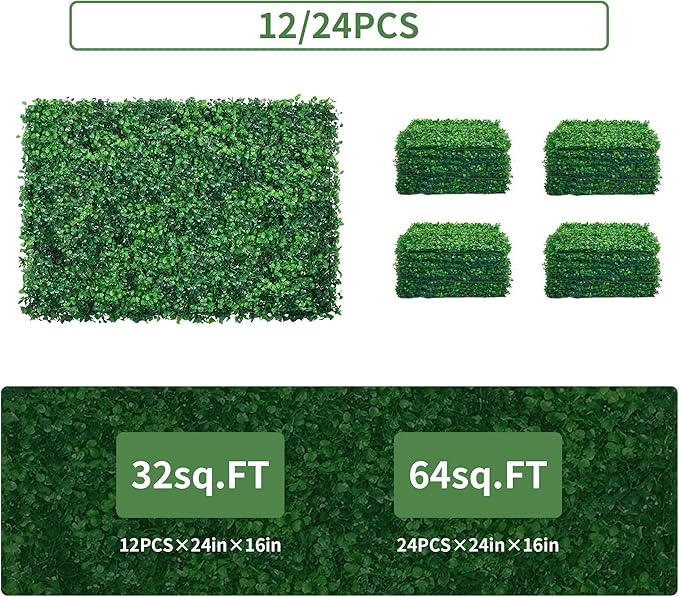 24PCS 24x16inch Artificial Boxwood Panels - UV Protected Privacy Screen Indoor Outdoor Garden Fence