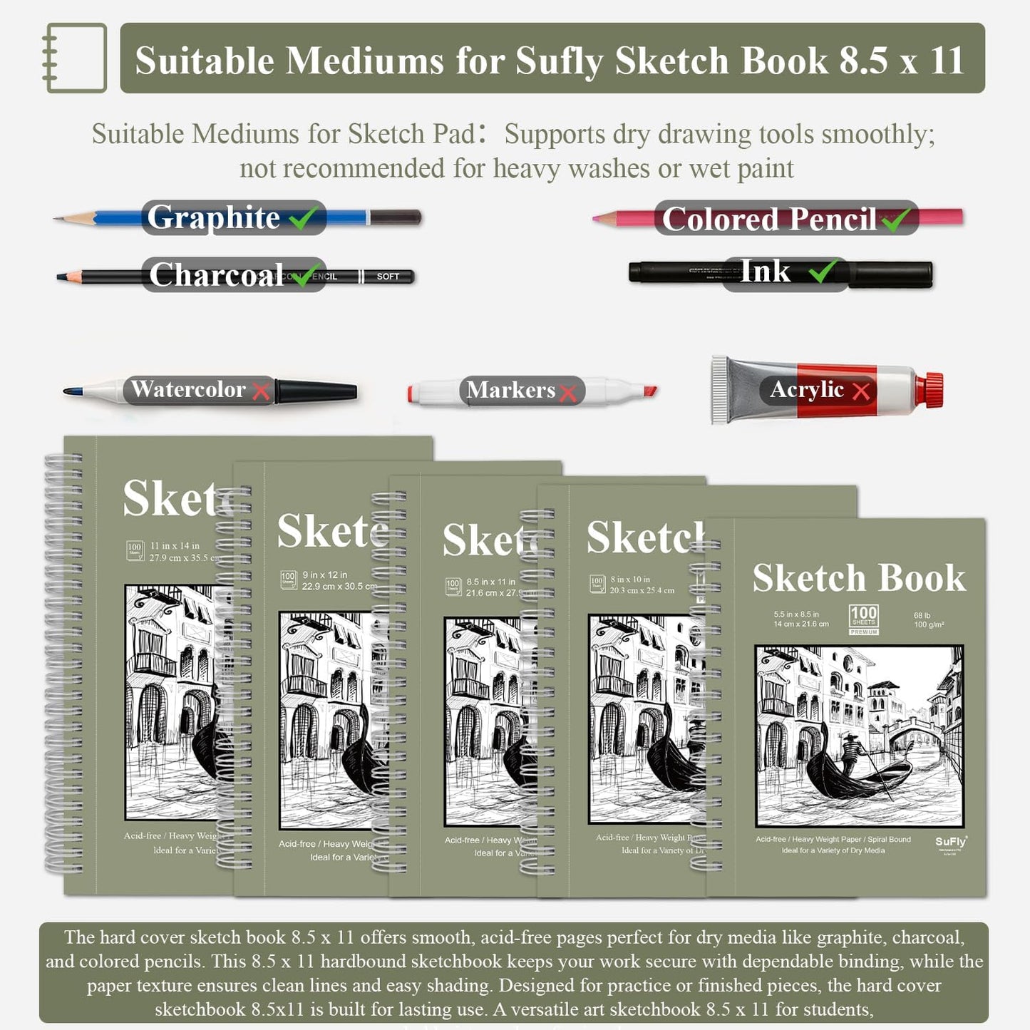 Sketch Book 8.5 x 11, Sketch Pad, Pack of 1 (68lb/100gsm), 100 Sheets Spiral Sketchbook, Acid Free Drawing Paper, Sketch Pads for Drawing for Adults, Art Paper for Drawing and Painting for Kids.