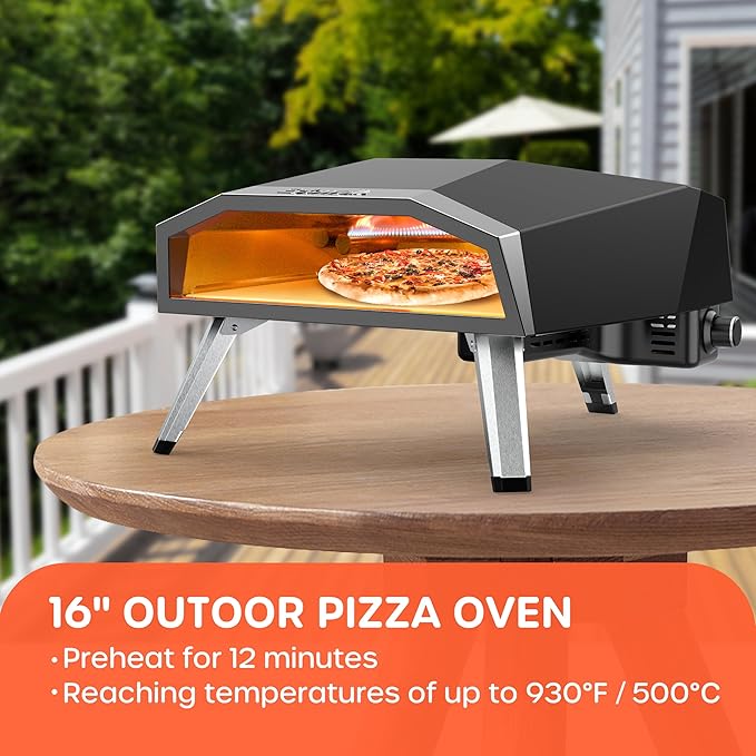 16" Outdoor Gas Pizza Oven, 80-Second Countertop Pizza Maker | with Gas Hose & Regulator, Pizza Stone, Peel, Cutter, Infrared Thermometer, Propane Grill Reaches 930°F (16 inch)