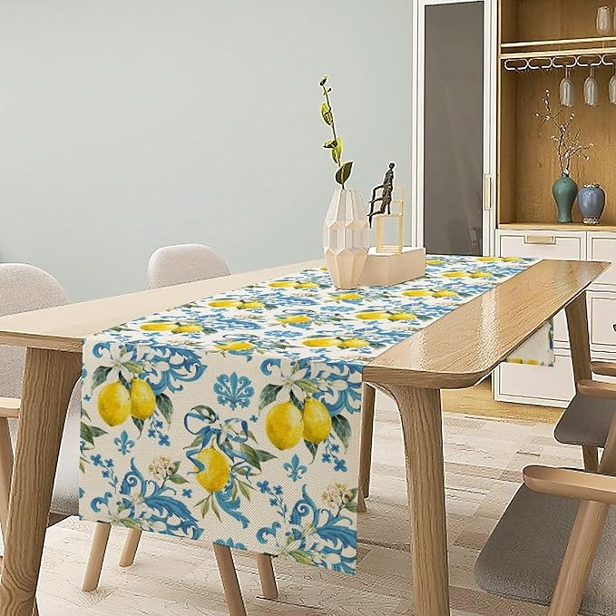 Lemon Flower Table Runner, Summer Fruit Sicilian Style Table Runner for Indoor Outdoor Kitchen Home Party Holiday Dining Table 13x60in