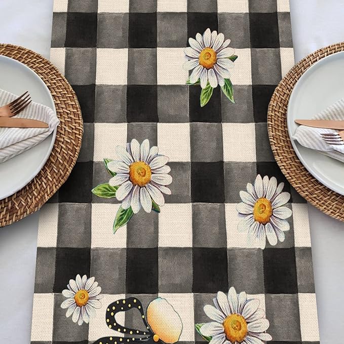 Seliem Spring Bee Gnome Table Runner, Honey Black White Buffalo Plaid Check Home Kitchen Dining Decor, Summer Seasonal Farmhouse Daisy Decorations Indoor Outdoor Anniversary Party Supply 13 x 36 Inch