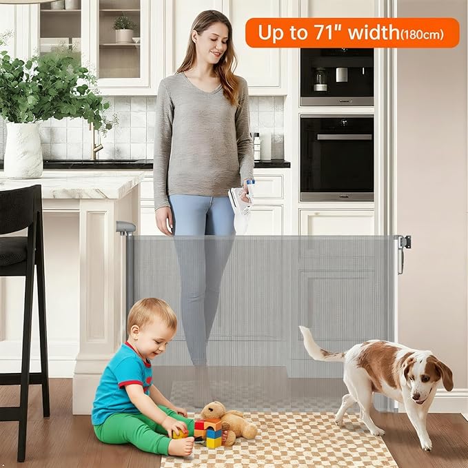 Scalable Safety Door, pet/Dog/cat Temporary Door, Baby Safety gate, mesh Soft Material, Expands to 71" Wide, Suitable for Stairs/doorways/corridors/terraces(Grey,33.5"x71")