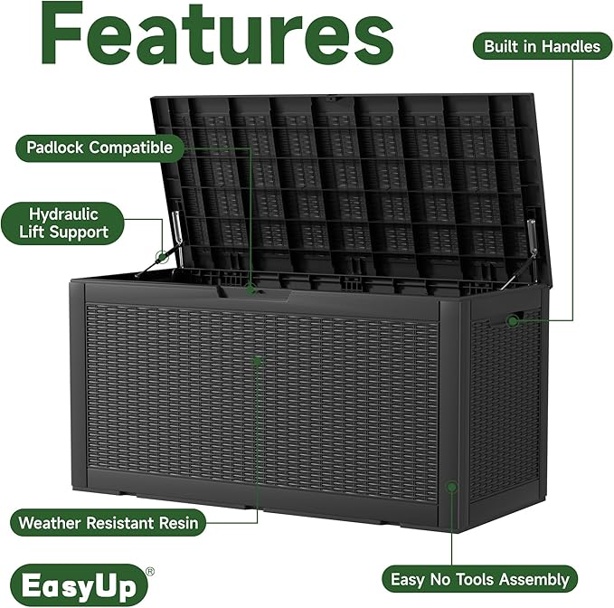 EasyUp 120 Gallon Deck Boxes Waterproof, Outdoor Large Storage Boxes with Lids, Outside Resin Storage Box & Deck Boxes for Patio, Garden Use(Black)
