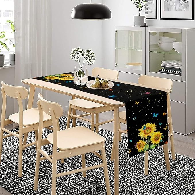 Farmhouse Sunflower Table Runner, Black Starry Spring Yellow Flowers Botanical Butterfly Table Runners for Dining Kitchen Holiday Party Table Decor, 13x70inch