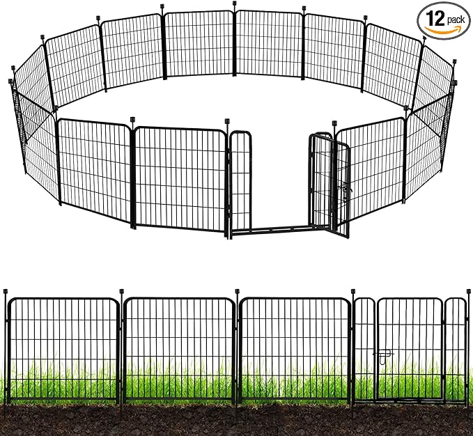 ADAVIN 32 in(H) Garden Fences and Borders,1 Gate+11 Panels Dog Fence Outdoor for Yard, Temporary Fence, Flower Garden Fencing, Heavy Duty Iron Metal Animal Barrier Fences,Total 26.6 Ft(L),Black