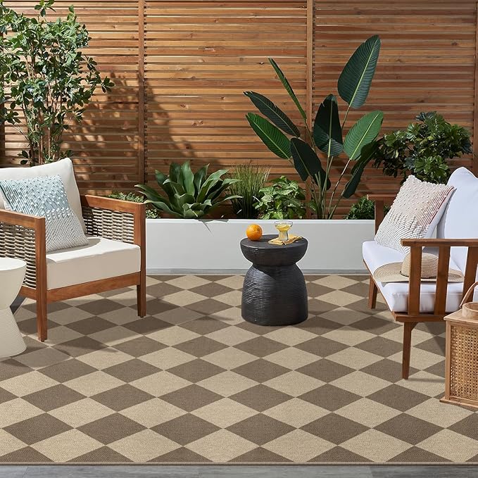 Easy Jute Brown Checkered 5x7 Area Rug, Washable Modern Rugs for Living Room Non-Slip Diamond Bedroom Rug, Neutral Farmhouse Indoor Outdoor Carpet for Patio Dining Room Classroom