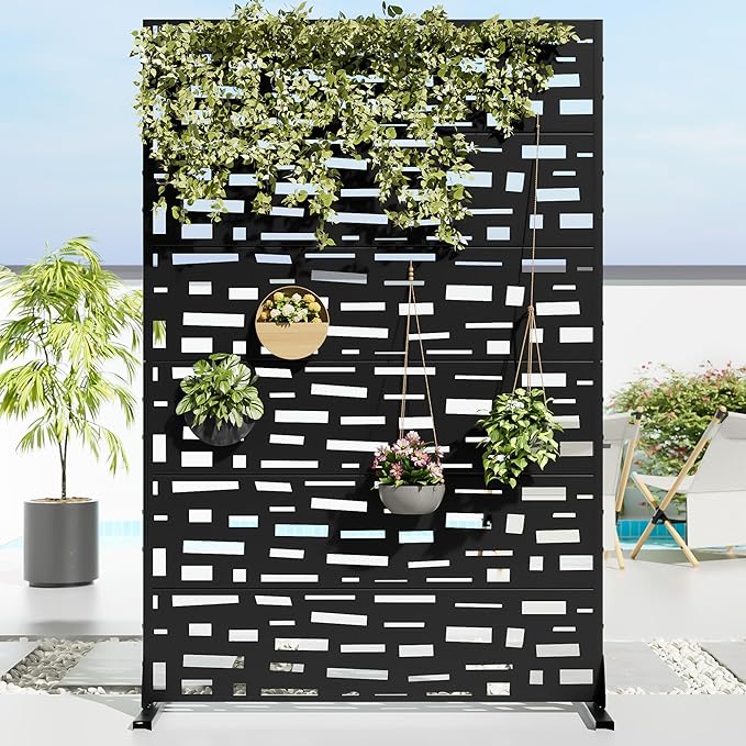 Casaphoria Metal Privacy Screen Outdoor, 72" H x 47" W Freestanding Decorative Privacy Screen for Patio Deck Balcony Garden with Stable Base, Black-Gerald