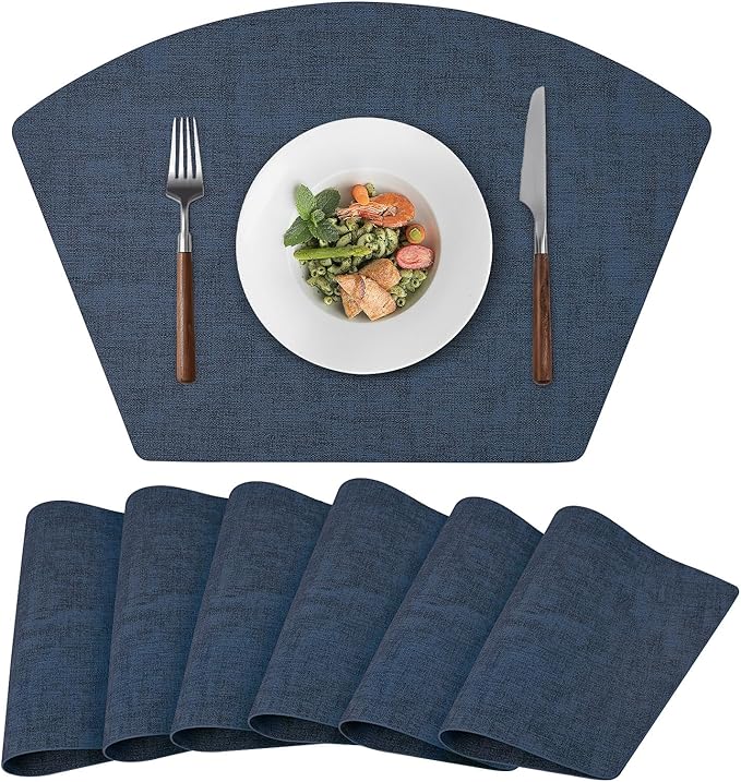 Round Table Placemats Set of 6, Faux Leather Wedge Shape Place Mats Heat Resistant Wipeable Washable Table Mats for Dining Outdoor Indoor, Dark Blue