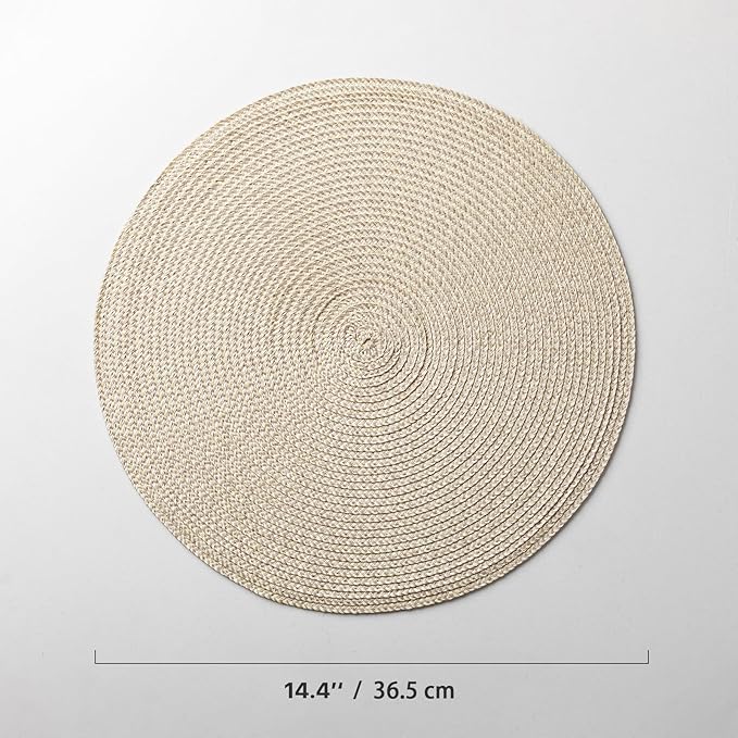 Round Placemats Set of 8 Plastic Woven Placemats Washable Wipeable Table Mats for Dining Table Heat Resistant Non-Slip Circle Place Mats (Beige-Brown)