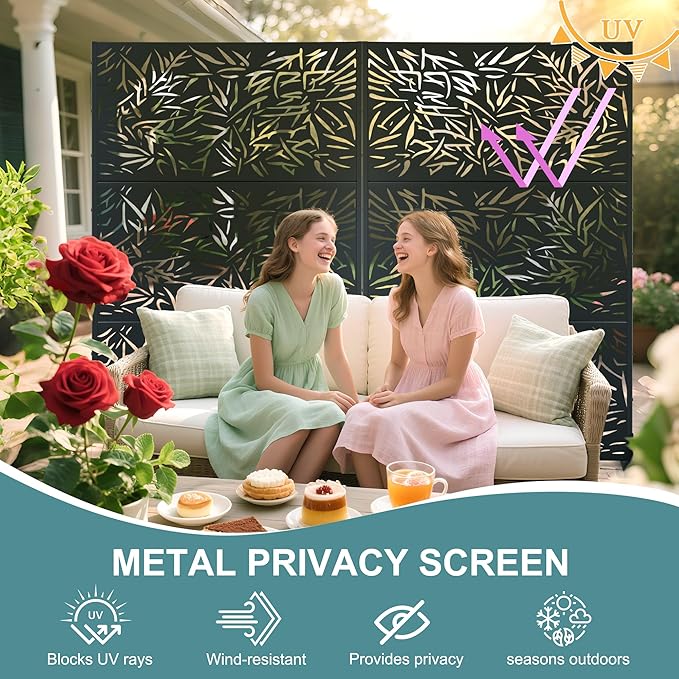 Metal Privacy Screen Outdoor Freestanding Privacy Wall Panels and Decorative Patio Dividers, Crafted from Steel with Sun-Proof Design, Ideal for Patio, Deck, Garden,72" H×47" L（Black&Bamboo）
