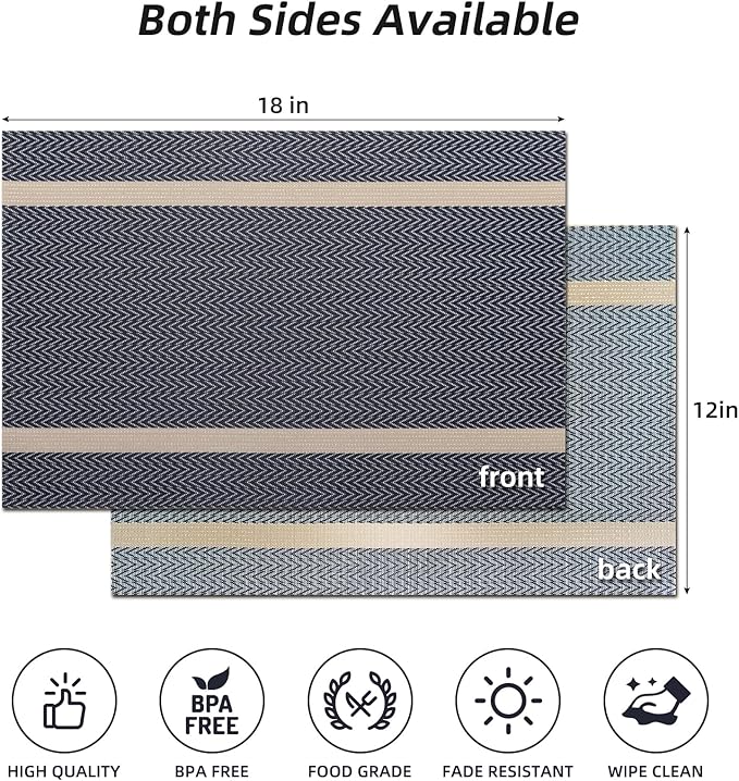 Vinyl Placemats Set of 8, PVC Woven Washable Non-Slip Table Mats, Heat Resistant Wrinkle Free Place Mats for Dining Table, Easy to Clean (Dark Blue)