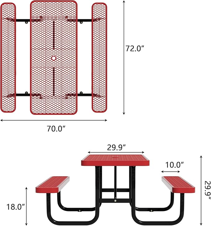 6FT Picnic Tables for Outdoors, Rectangular Commercial Metal Picnic Table Bench Set with Umbrella Hole,Heavy Duty Steel Weather-Resistant Dining Table for Patio Dining Garden Backyard BBQ School