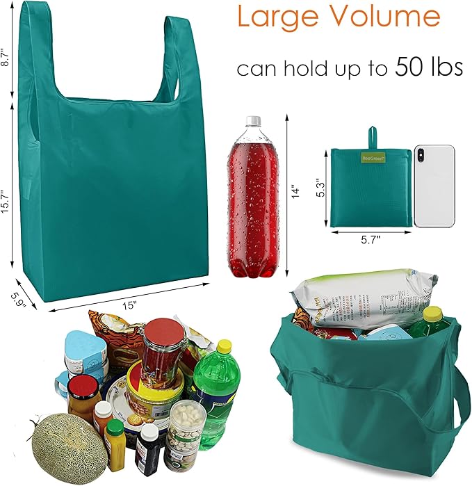 BeeGreen Marrs Reusable Grocery Bags Wholesale Green Reusable Kitchen Bags Bulk Foldable-Machine Washable with Zipper Storage Pouch 50 Packs