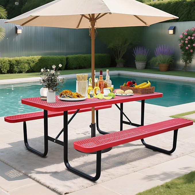 6FT Rectangular Metal Picnic Table for Outdoors, Commercial Steel Metal Picnic Tables, Heavy Duty Sturdy Picnic Tables Furniture Set for Patio Garden Courtyard BBQ, with Umbrella Hole, Red