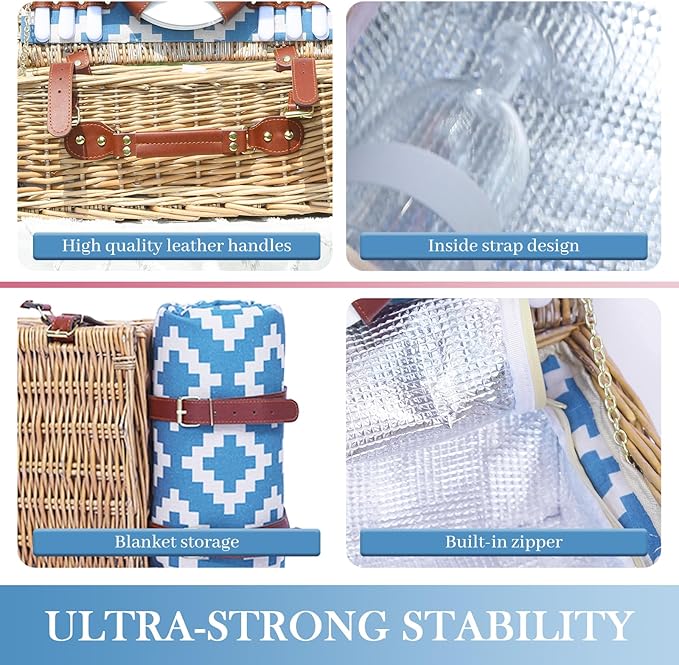 Neti Neti Wicker Picnic Basket for 4 with Insulated Cooler & Waterproof Blanket – Large Willow Picnic Hamper for Outdoor, Camping, Beach, Romantic Dates, Valentine’s Day