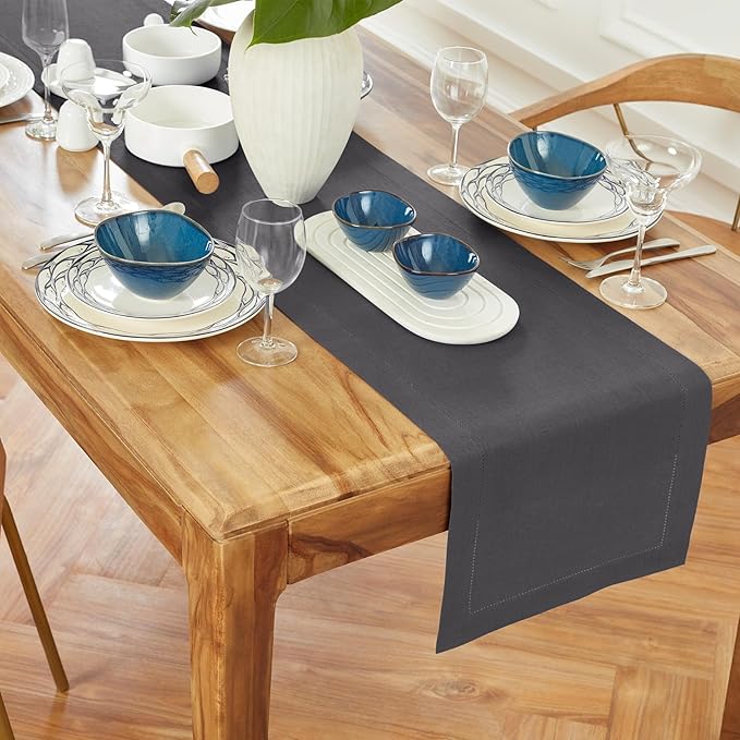 Solino Home Linen Table Runner 48 Inches - 100% Pure Linen Charcoal Hemstitch Table Runner 14 x 48 Inch Ideal for Dresser and Coffee Tables - Medium Weight - Winter