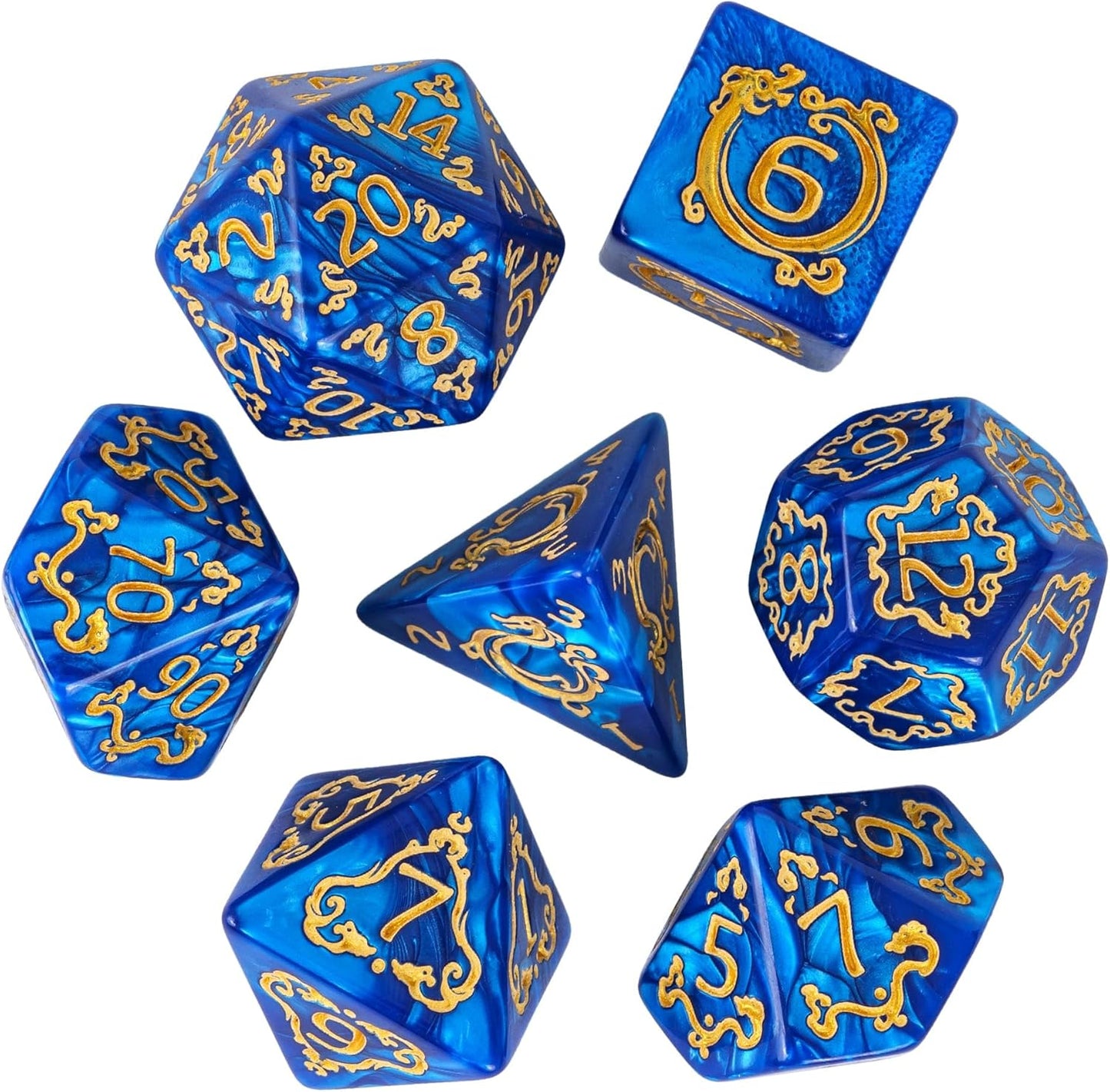 7-Die DND Dice Set Dragon Pattern Polyhedral Die with Leather Bag D&D Dice Set for RPG Table Games (Blue W/Gold Dragon Pattern)