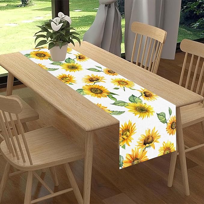 Sunfloral Table Runner, Summer Spring Seasonal Watercolor Sunshine Yellow Floral Sunflower Decorations Rustic Farmhouse Table Center Decor for Home Kitchen Dining Patio Indoor Outdoor, 13"x90" Inch